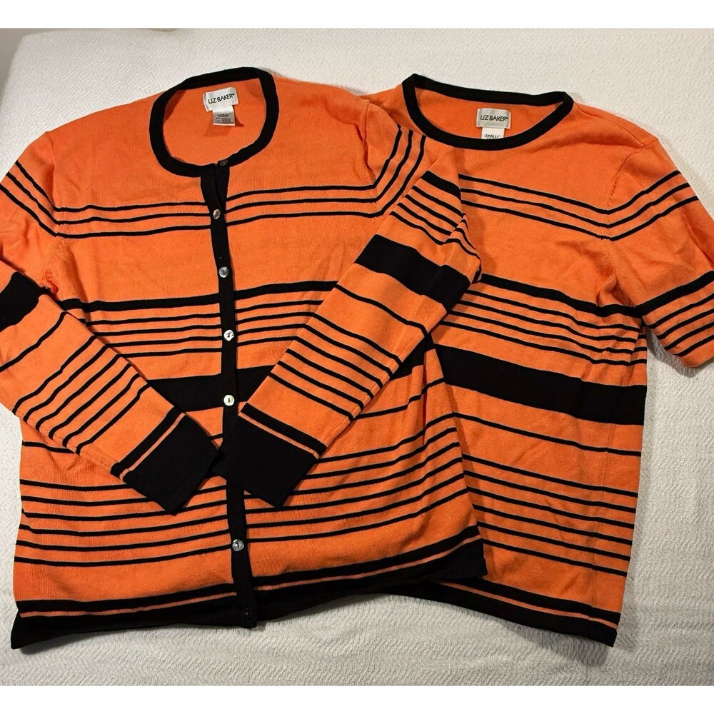 Liz Baker Women’s 2pc Knit Striped Cardigan & Top Set Orange/Black S